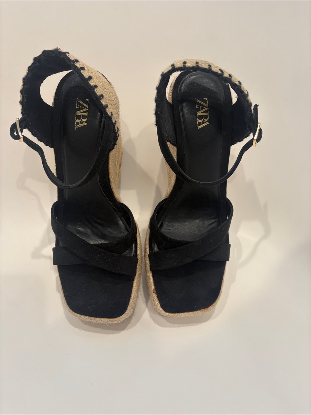 Zara Black and Natural Espadrille Wedge Sandals